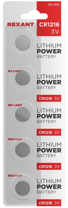 Элементы питания Rexant 30-1101 ∙ Батарейка литиевая CR1216, 3В, 5 шт, блистер Rexant, размер CR1216